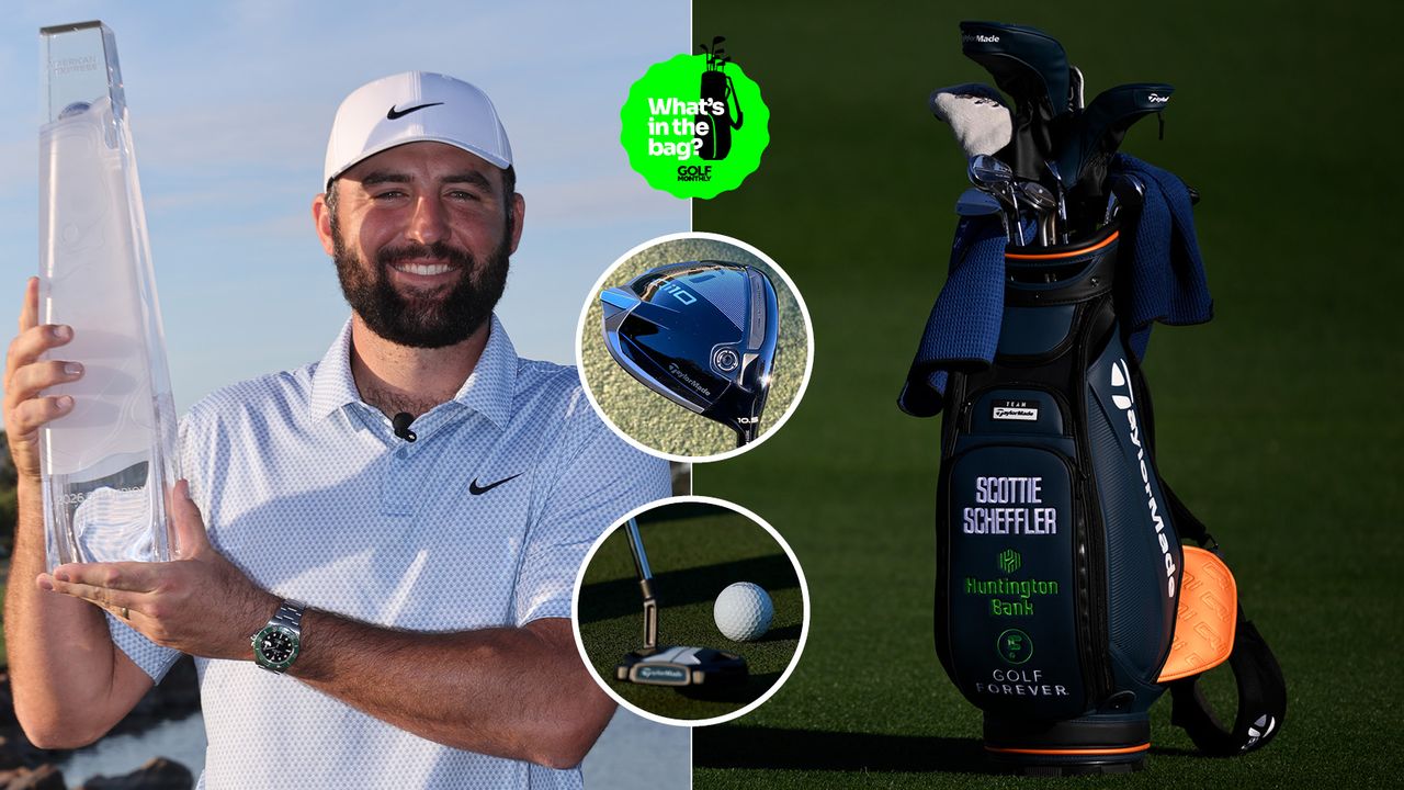 Scottie Scheffler holds a trophy, a close up of his bag and various equipment photos