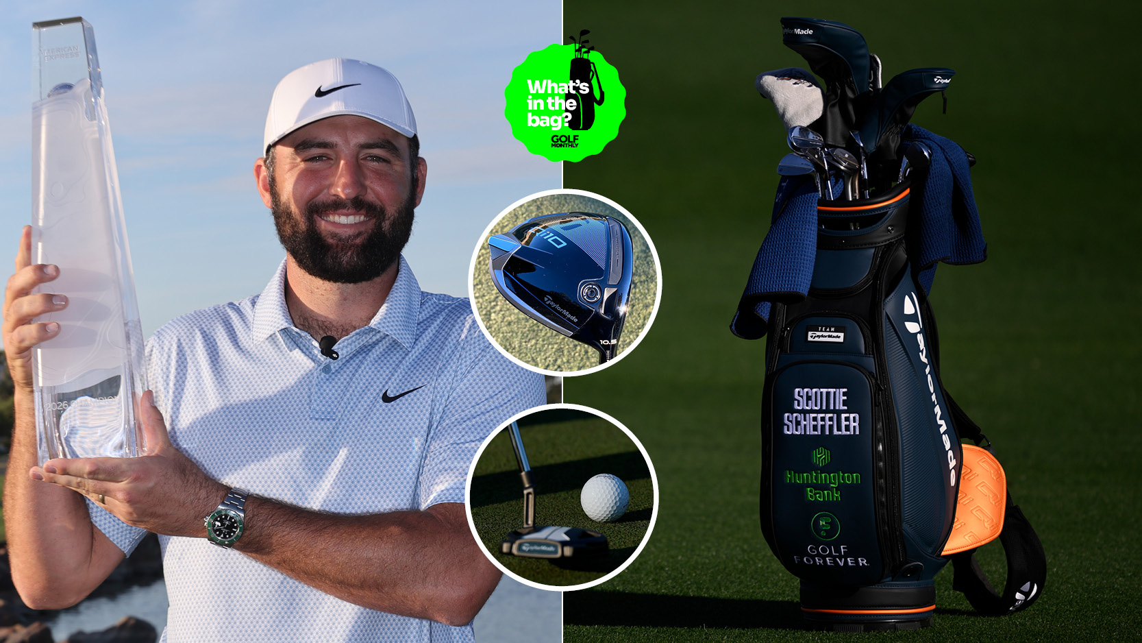 Scottie Scheffler holds a trophy, a close up of his bag and various equipment photos