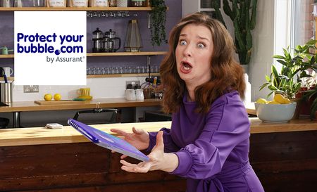 protect your bubble logo top left with a woman in a purple shirt grabbing her floating phone