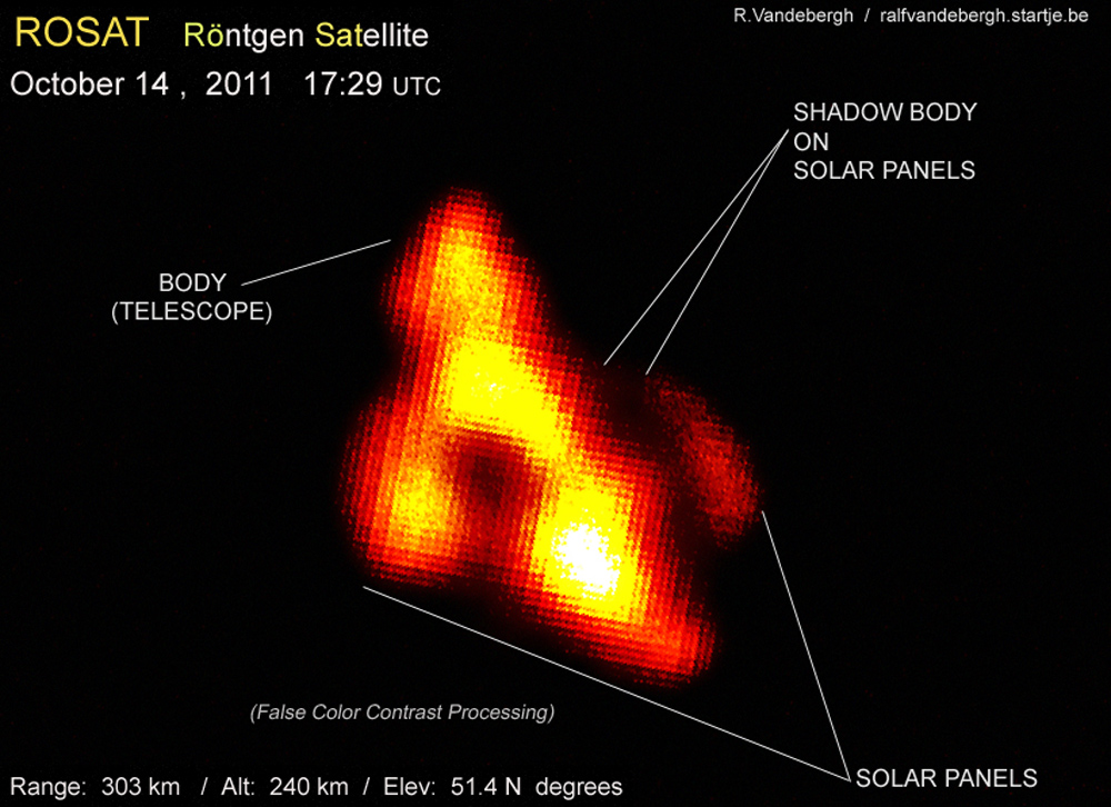 This exclusive image was made by Ralf Vandebergh, who said: &quot;&quot;It is false-color to increase certain visible contrasts. A very special detail visible is the shadow of the body (the telescope) on the solar panels! You can see the angle with the sun and the 