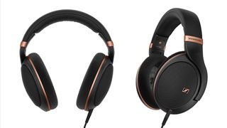 Two different angles of the black Sennheiser HD 505 side by side on a white background