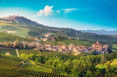 Village of Barolo with La Morra in the distance