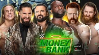 (L to R) Riddle, Seth "Freakin" Rollins, Drew McIntyre, Omos, Sheamus and Sami Zayn will face each other and a TBA opponent at WWE Money In The Bank 2022