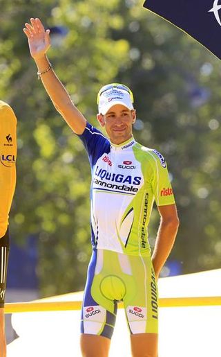 Vincenzo Nibali (Liquigas-Cannondale) on the final podium in Paris.