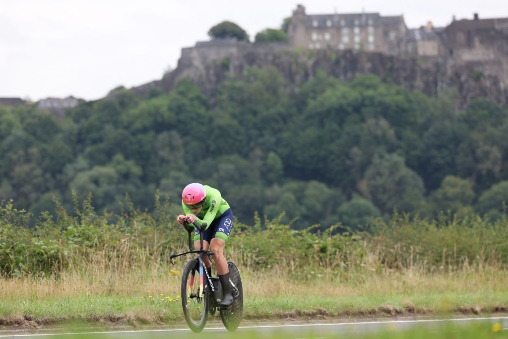 Slovenias Eugenia Bujak takes part in the womens Individual Time Trial in Stirling during the UCI Cycling World Championships in Scotland on August 10 2023 Photo by Adrian DENNIS AFP Photo by ADRIAN DENNISAFP via Getty Images