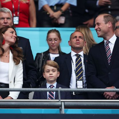 london, england july 11 catherine, duchess of cambridge, prince george of cambridge and prince william, duke of cambridge and president of the football association look on during the uefa euro 2020 championship final between italy and england at wembley stadium on july 11, 2021 in london, england photo by eddie keogh the fathe fa via getty images