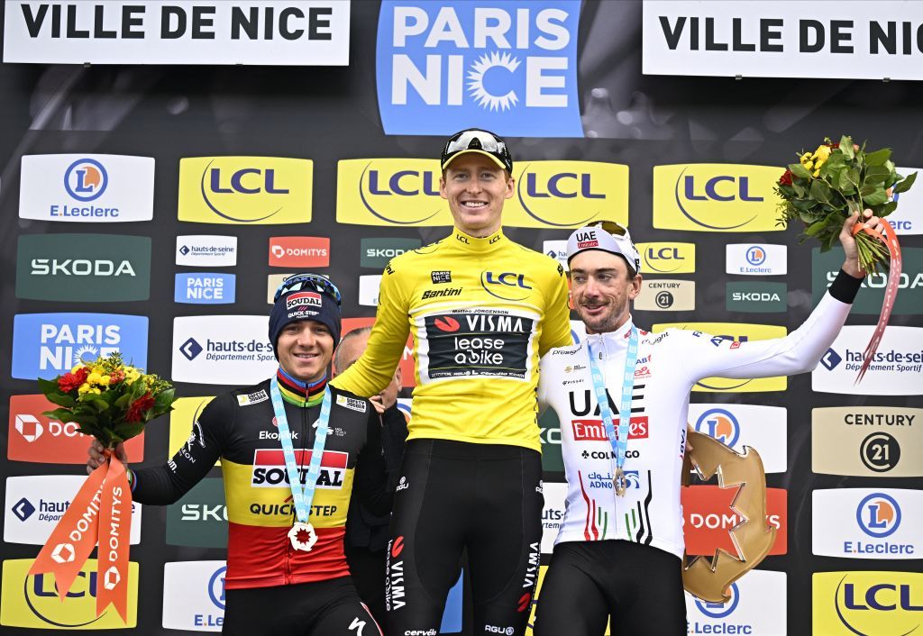 2024 Paris-Nice overall podium (l-r): Remco Evenepoel (Soudal-QuickStep), winner Matteo Jorgenson (Visma-Lease A Bike) and third place Brandon McNulty (UAE Team Emirates)