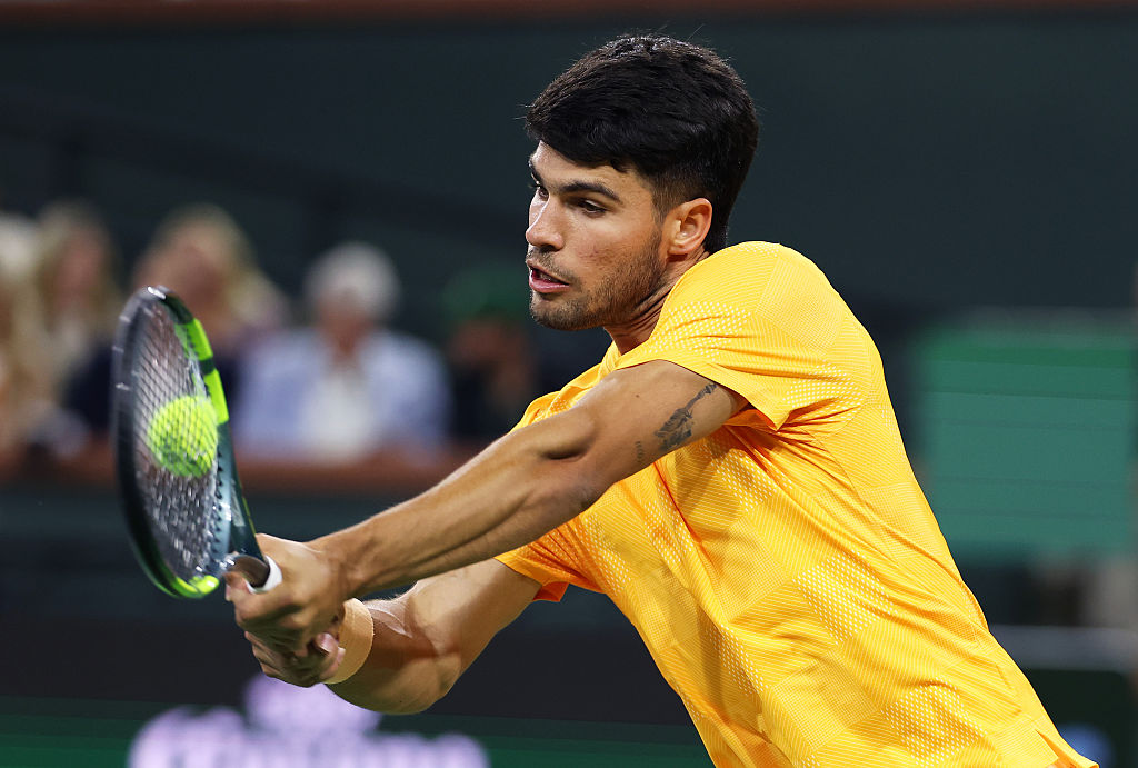 Carlos Alcaraz plays a backhand during Indian Wells 2026