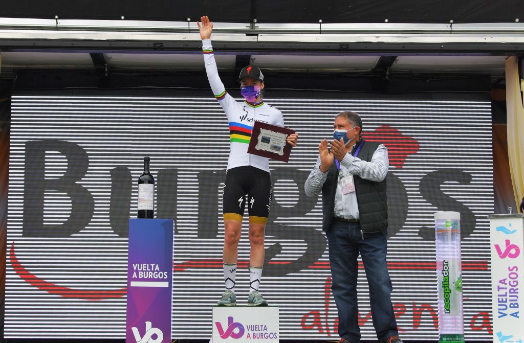 LAGUNAS DE NEILA SPAIN MAY 23 Anna Van Der Breggen of Netherlands and Team SD Worx celebrates at podium during the 6th Vuelta A Burgos Feminas 2021 Stage 4 a 1216km stage from Quintanar de la Sierra to Lagunas De Neila 1870m VueltaBurgos BurgosFem UCIWWT on May 23 2021 in Lagunas De Neila Spain Photo by Luc ClaessenGetty Images