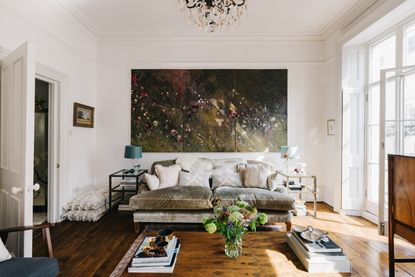 white living room with statement art