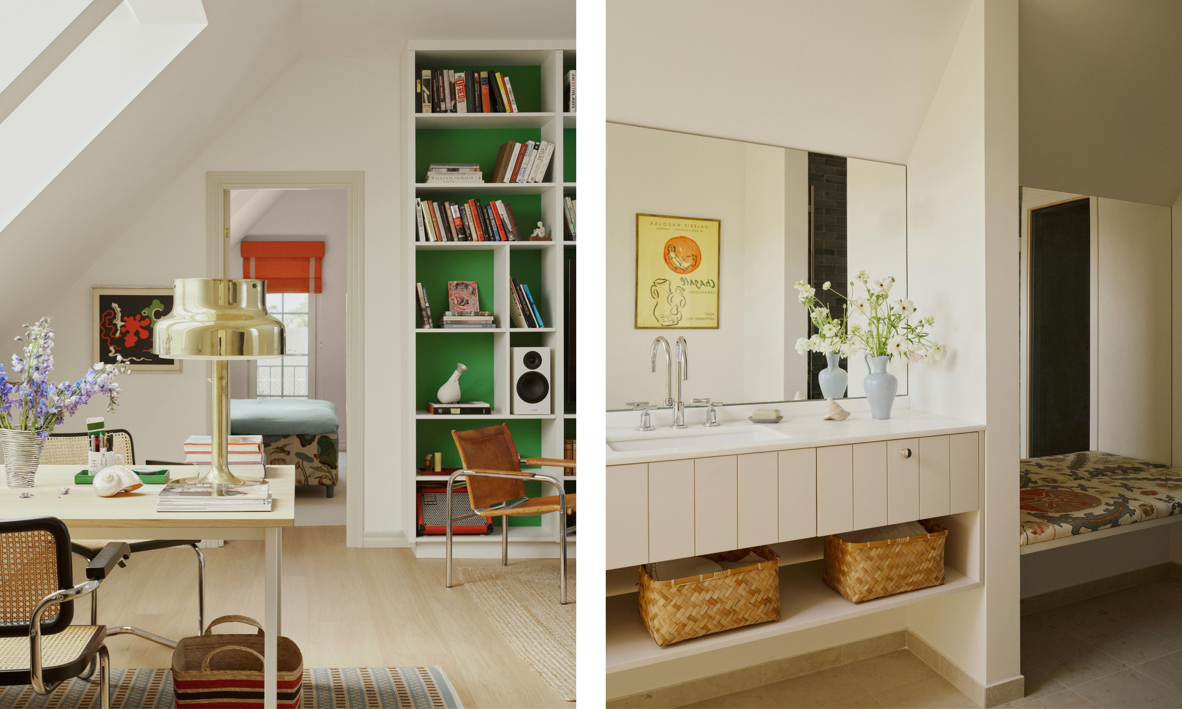 two side by side images of a home library with green bookcases and a soft neutral pink bathroom