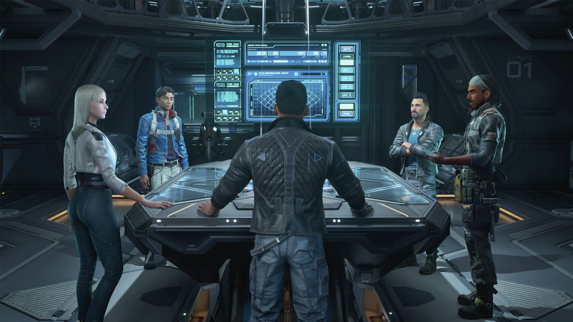 A screenshot from The Expanse Osiris Reborn showing two five characters gathered around a table