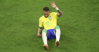World Cup 2022: Neymar of Brazil lies on the ground after injury during the FIFA World Cup Qatar 2022 Group G match between Brazil and Serbia at Lusail Stadium in Lusail City, Qatar on November 24, 2022.