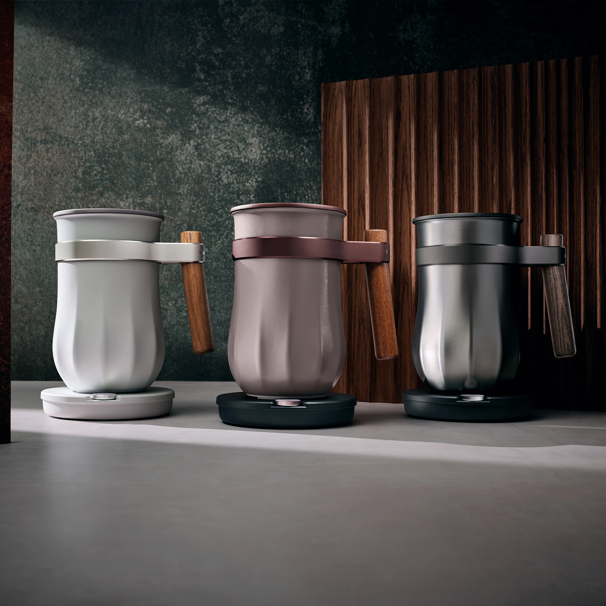 Velvetiser Hotel Chocolat next to a wooden ridge backdrop