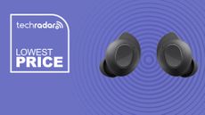 The Samsung Galaxy Buds FE on a purple background with text saying Lowest Price next to it.