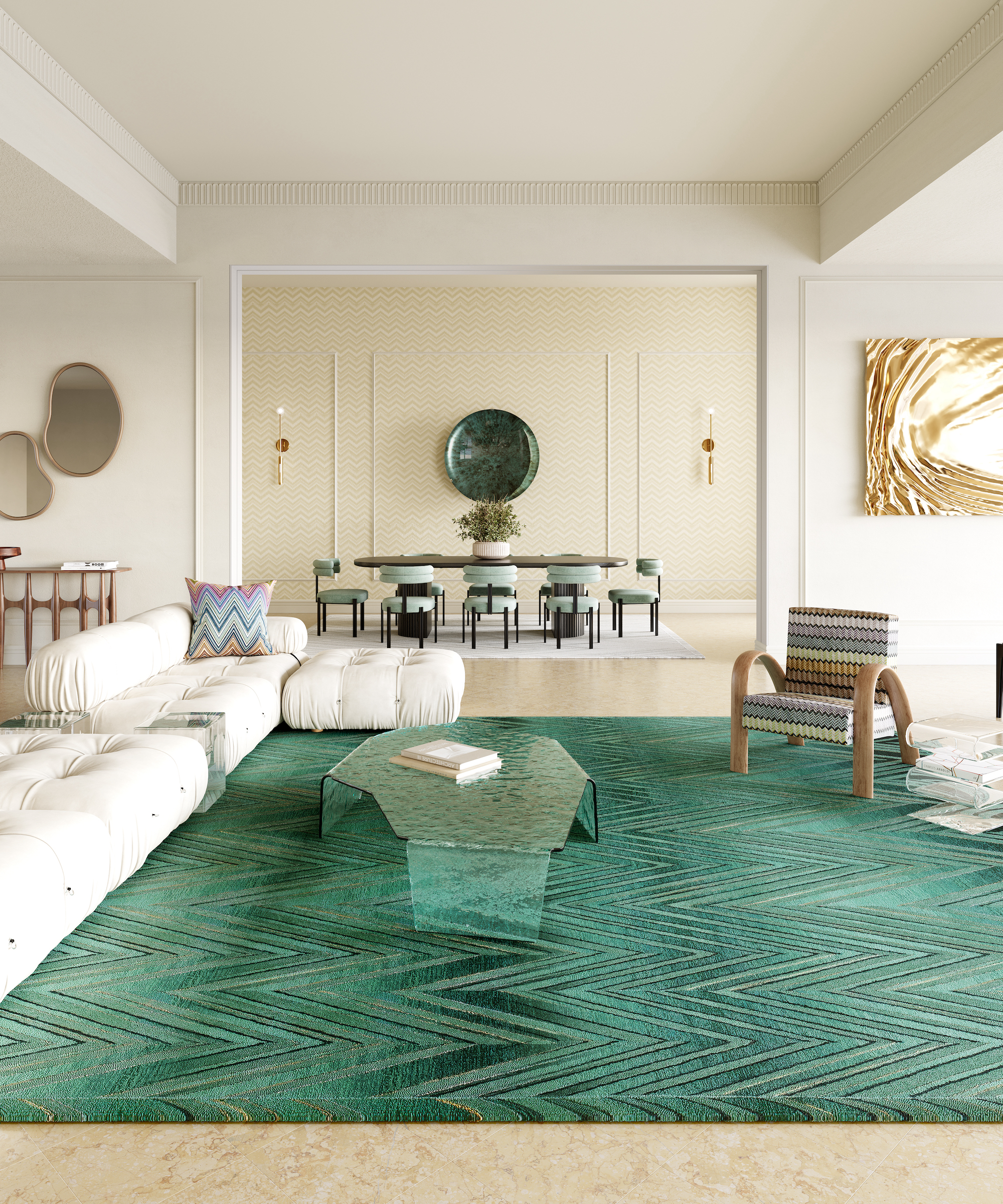 Living room with large green area rug in emerald green with zigzag pattern, white modular sofa, armchair, coffee table and dining room table and chairs through archway