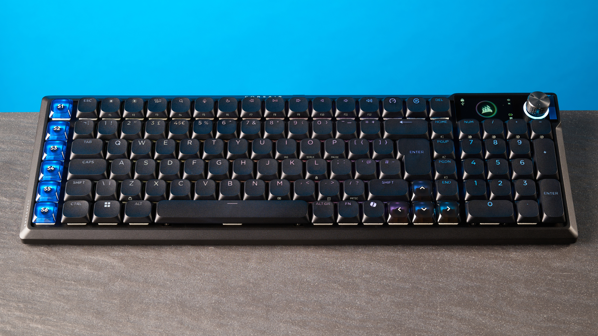 A black Corsair Vanguard Air 99 Wireless low-profile mechanical keyboard