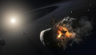 An illustration of two asteroids colliding