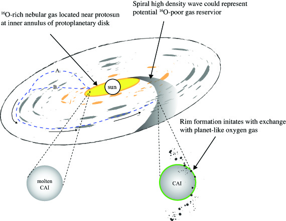 All CAIs (calcium-aluminum-rich inclusions) in meteorites are thought to have originated near the protosun, which enriched the nebular gas with the isotope oxygen-16.