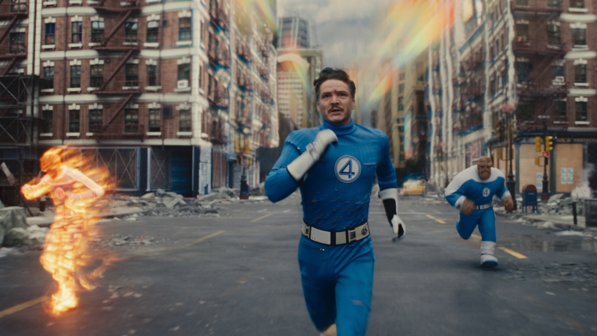 Human Torch, The Thing and Mr Fantastic running in the new Fantastic Four film 