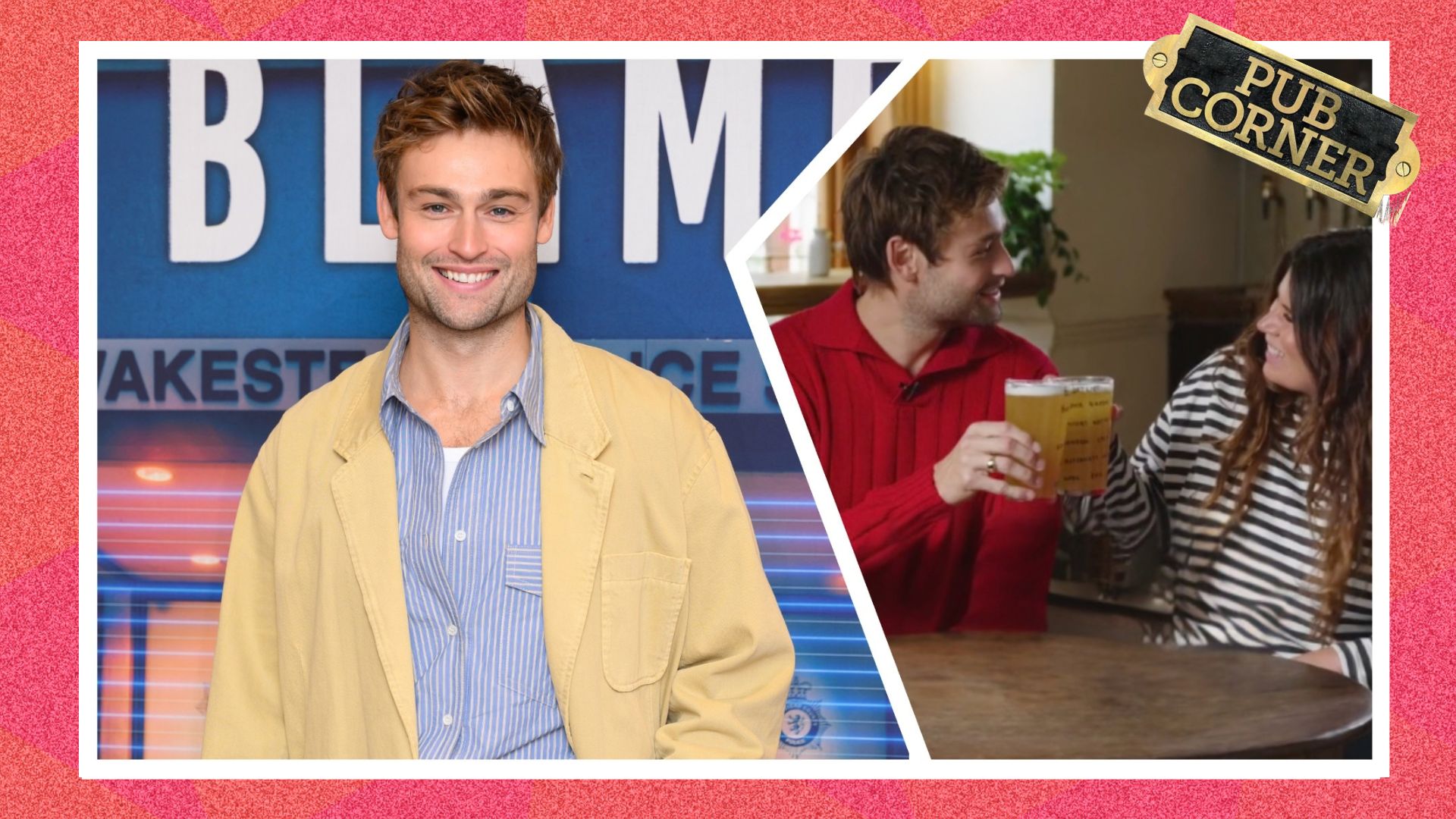 an image of Douglas Booth on the red carpet for The Blame spliced with an image of the actor cheersing a pint with the author in the lucky saint pub