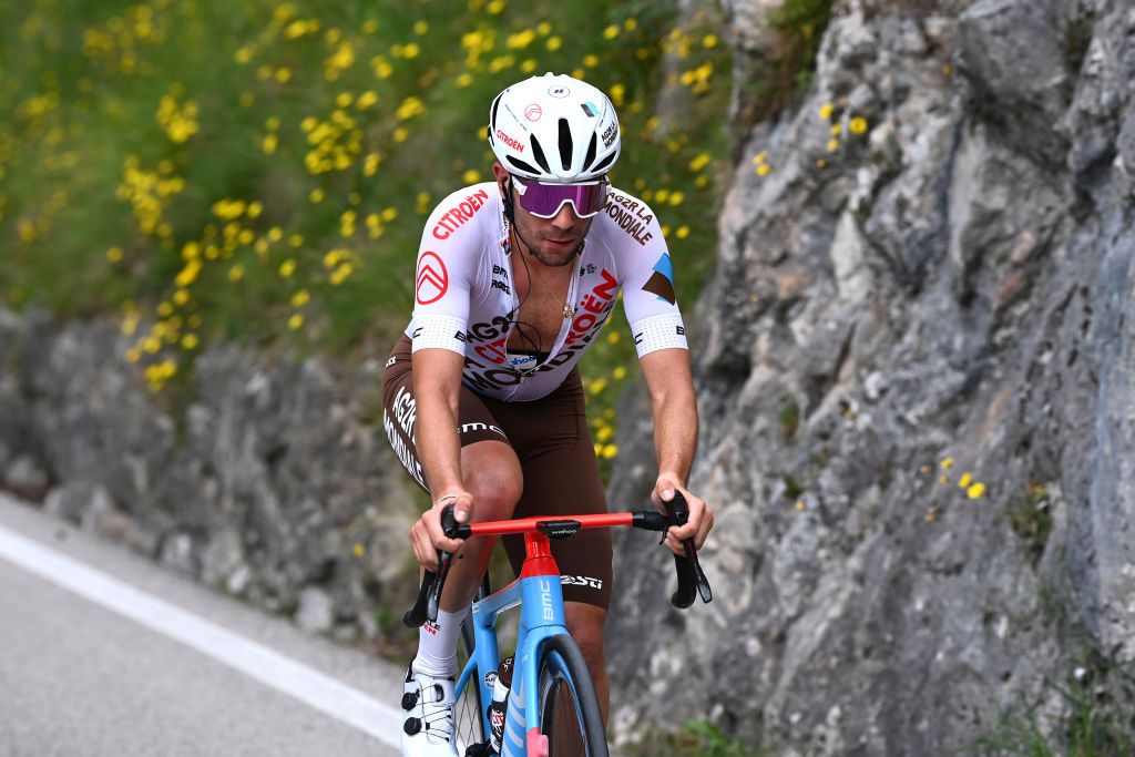 BRENTONICO SAN VALENTINO ITALY APRIL 19 Andrea Vendrame of Italy and Ag2R Citron Team competes in the breakaway during the 46th Tour of the Alps 2023 Stage 3 a 1625km stage from Ritten to Brentonico San Valentino 1321m on April 19 2023 in Brentonico San Valentino Italy Photo by Tim de WaeleGetty Images