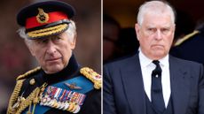 L-King Charles III inspects the 200th Sovereign's parade at Royal Military Academy Sandhurst on April 14, 2023, R- Prince Andrew attends Katharine, Duchess of Kent's Requiem Mass service at Westminster Cathedral on September 16, 2025