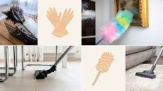 composite of dusters and vacuums being used in home to clean