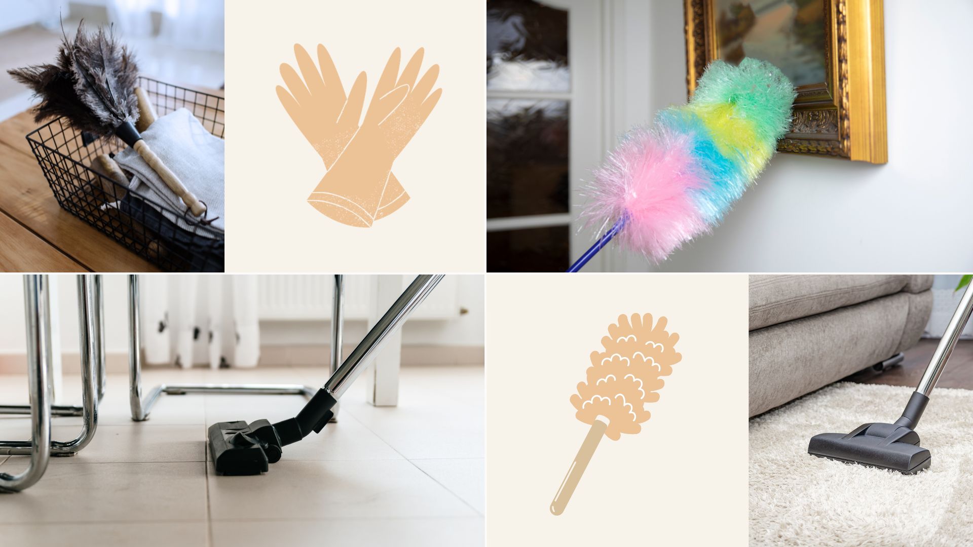 composite of dusters and vacuums being used in home to clean