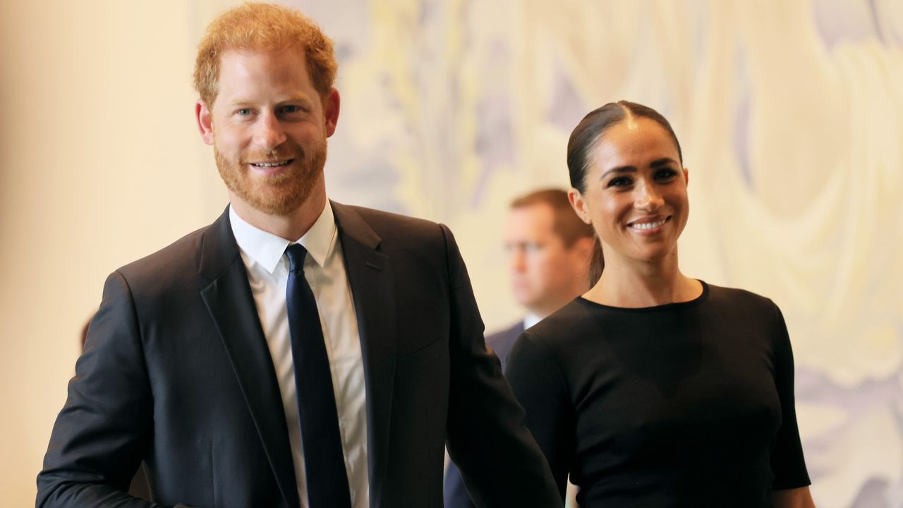 Prince Harry, Duke of Sussex and Meghan, Duchess of Sussex arrive at the United Nations Headquarters on July 18, 2022 in New York City. Prince Harry, Duke of Sussex is the keynote speaker during the United Nations General assembly to mark the observance of Nelson Mandela International Day where the 2020 U.N. Nelson Mandela Prize will be awarded to Mrs. Marianna Vardinogiannis of Greece and Dr. Morissanda Kouyaté of Guinea