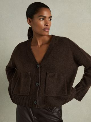 Wool-Cashmere Patch-Pocket Cardigan in Chocolate