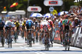 Elia Viviani (Deceuninck-QuickStep) is pretty sure he's got it ahead of Lotto Soudal's Caleb Ewan at the 2019 Cadel Evans Great Ocean Road Race