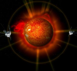 An artist's concept of NASA's two twin STEREO spacecraft surrounding the sun