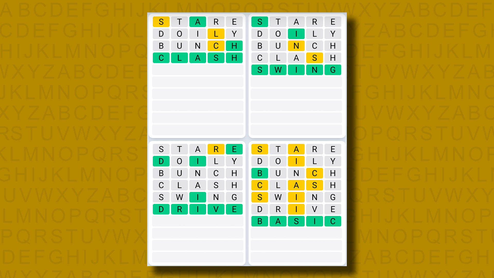 Ежедневная последовательность ответов Quordle для игры 821 на желтом фоне