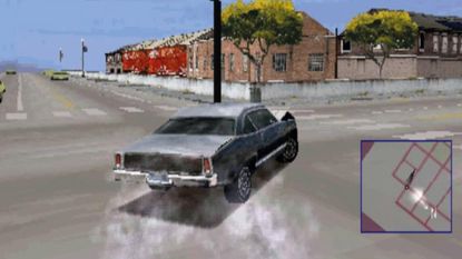 Taking a corner at speed with blue skies overhead, skidding, in Driver for PS1, from the PLAY Magazine retrospective - cropped in for a header image