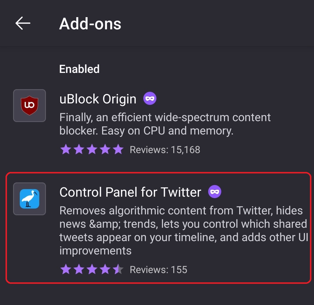 Android 上の Twitter のコントロール パネル