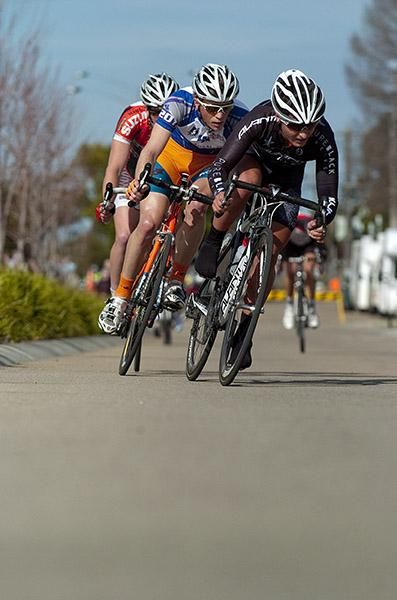 Alexander Ray (Pure Bike Racing) leads Patrick Shaw (Genesys Wealth Advisers) and Benjamin Hill (Suzuki/Trek) around the streets of Bairnsdale during their winning break.