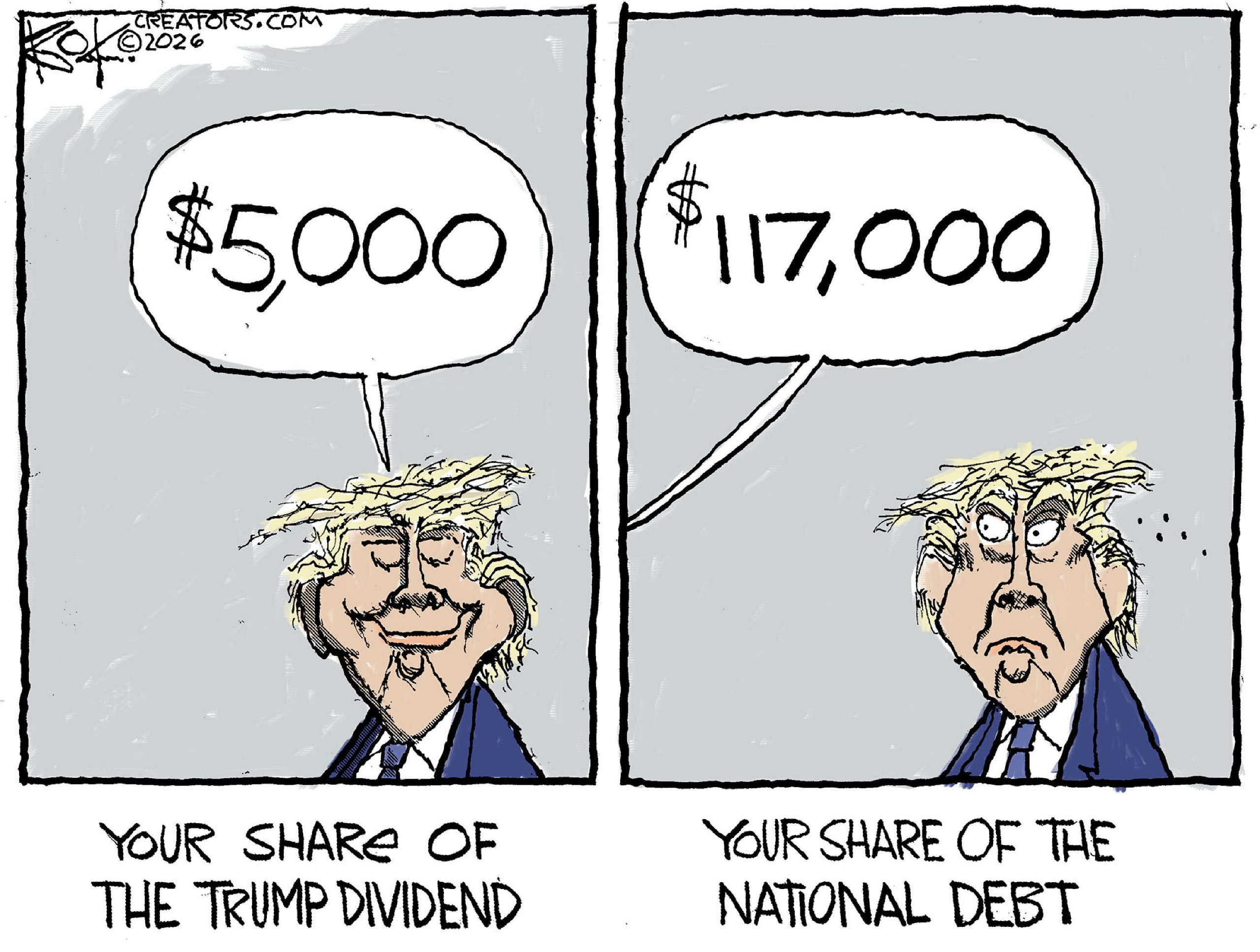 This two-panel cartoon depicts Donald Trump in both panels. The left panel is titled, &amp;ldquo;Your Share of the Trump Dividend&amp;rdquo; and Trump says, &amp;ldquo;$5,000&amp;rdquo; as he smiles. The right panel is labeled &amp;ldquo;Your Share of the National Debt&amp;rdquo; and a voice says, &amp;ldquo;$117,000&amp;rdquo; and Trump looks surprised.