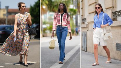 composite of three street style images showing picnic outfit ideas