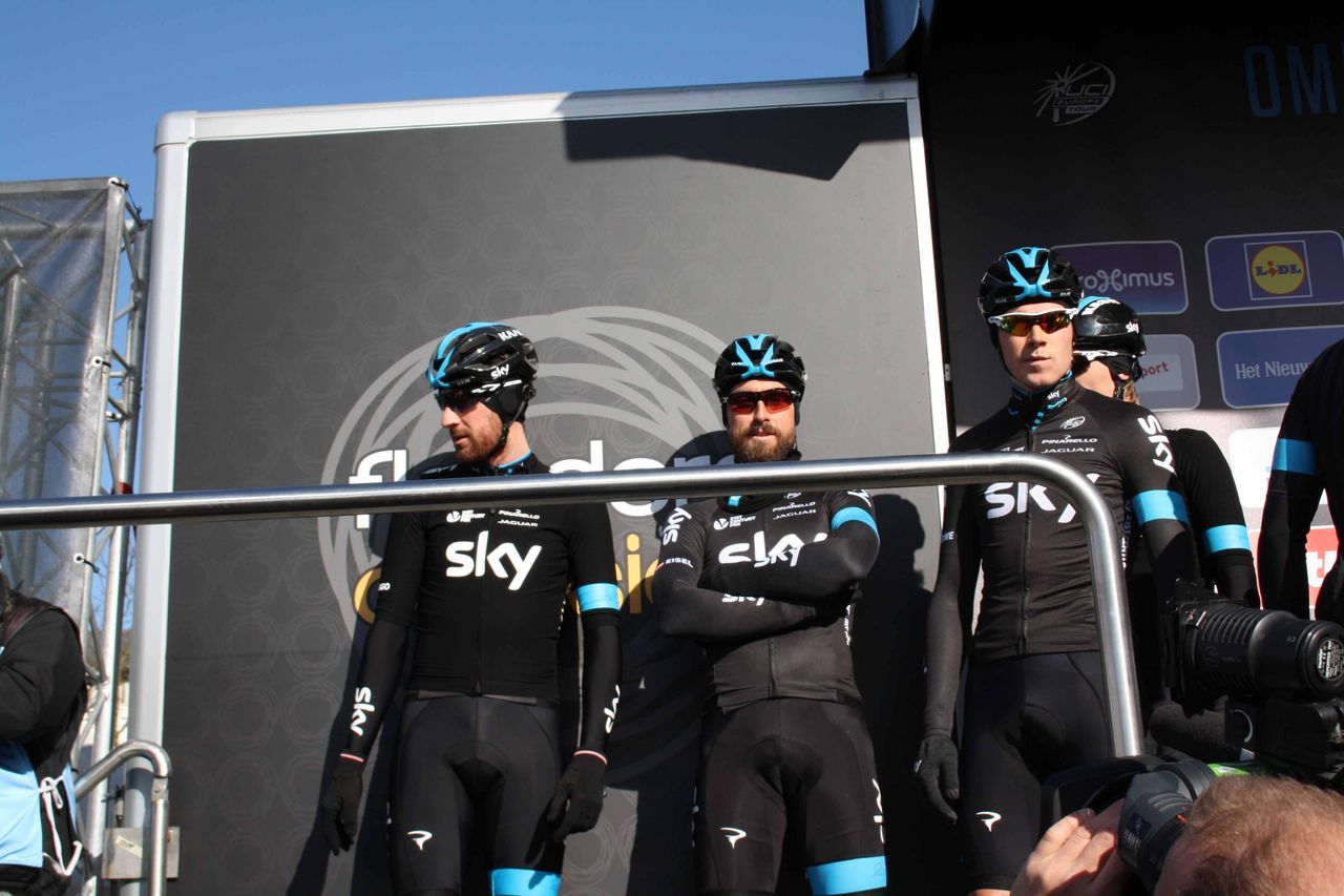 Bradley Wiggins, Bernhard Eisel and Team Sky are presented to the masses in Ghent's Sint-Pietersplein.