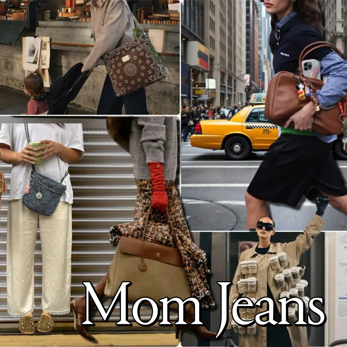 collage of stylish women carrying Mom bags