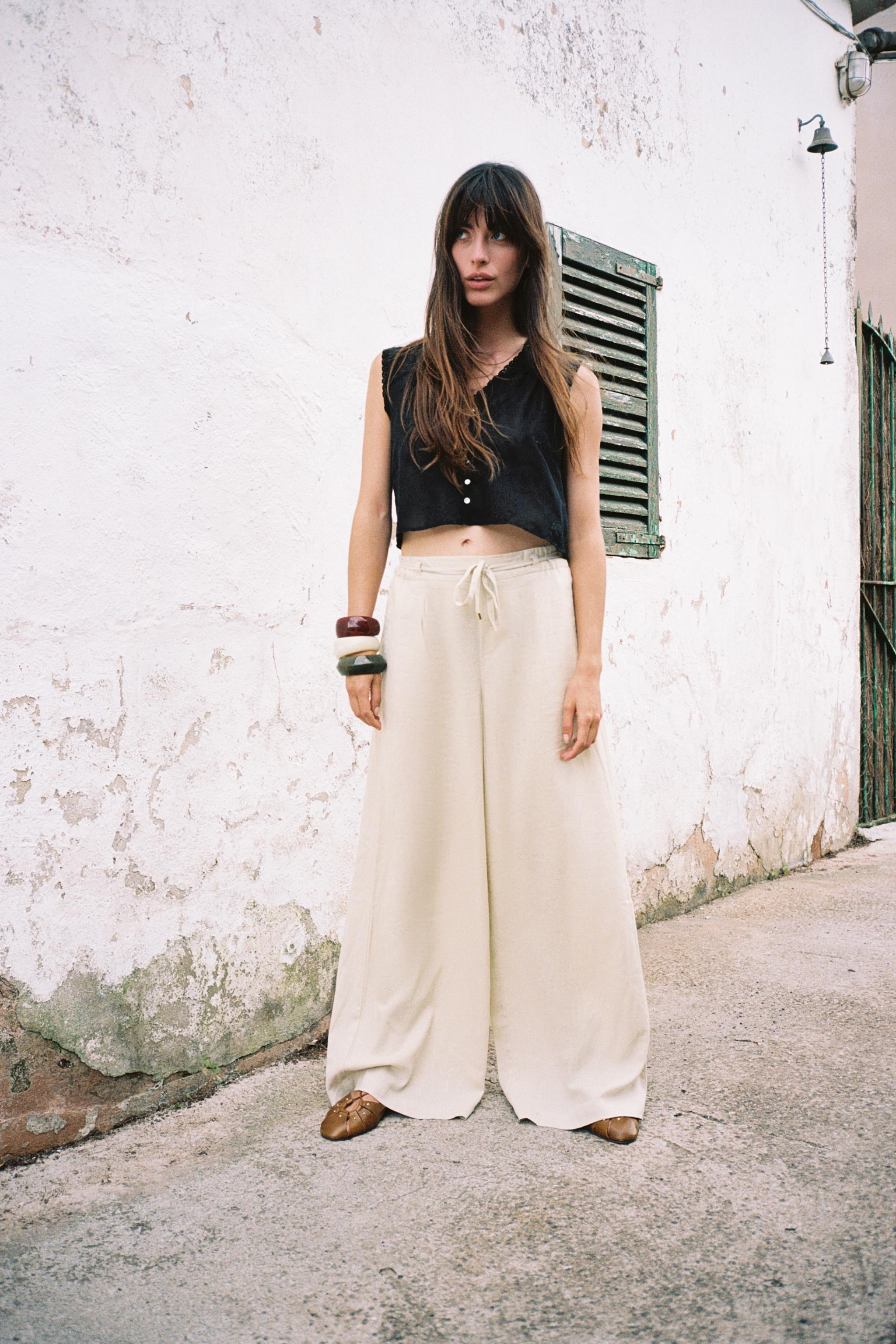 Linen Blend Wide-Leg Trousers With Belt