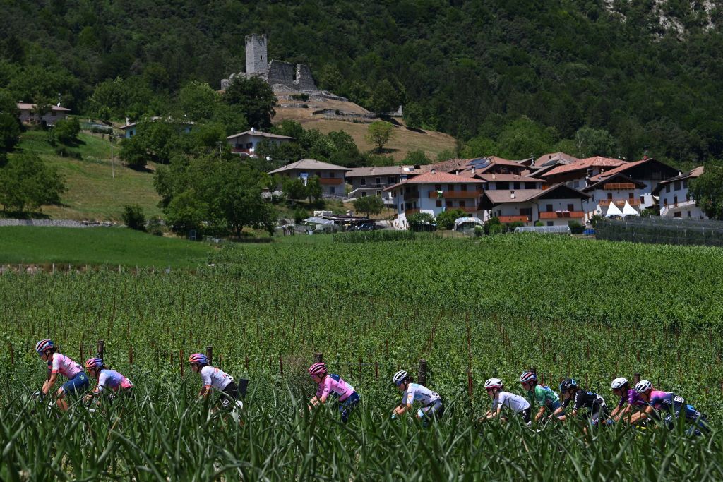 SAN LORENZO DORSINO ITALY JULY 09 Annemiek Van Vleuten of Netherlands and Movistar Team Pink Leader Jersey Niamh FisherBlack of New Zealand and Team SD Worx White Best Young Jersey Elise Chabbey of Switzerland and Team CanyonSram Racing Green Mountain Jersey and a general view of the peloton passing through Cavastro 703during the 33rd Giro dItalia Donne 2022 Stage 9 a 1128km stage from San Michele AllAdige to San Lorenzo Dorsino 727m GiroDonne UCIWWT on July 09 2022 in San Lorenzo Dorsino Italy Photo by Dario BelingheriGetty Images