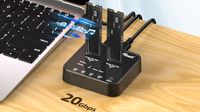 Rosewill SSD cloner and eraser on a desk, connected to a laptop