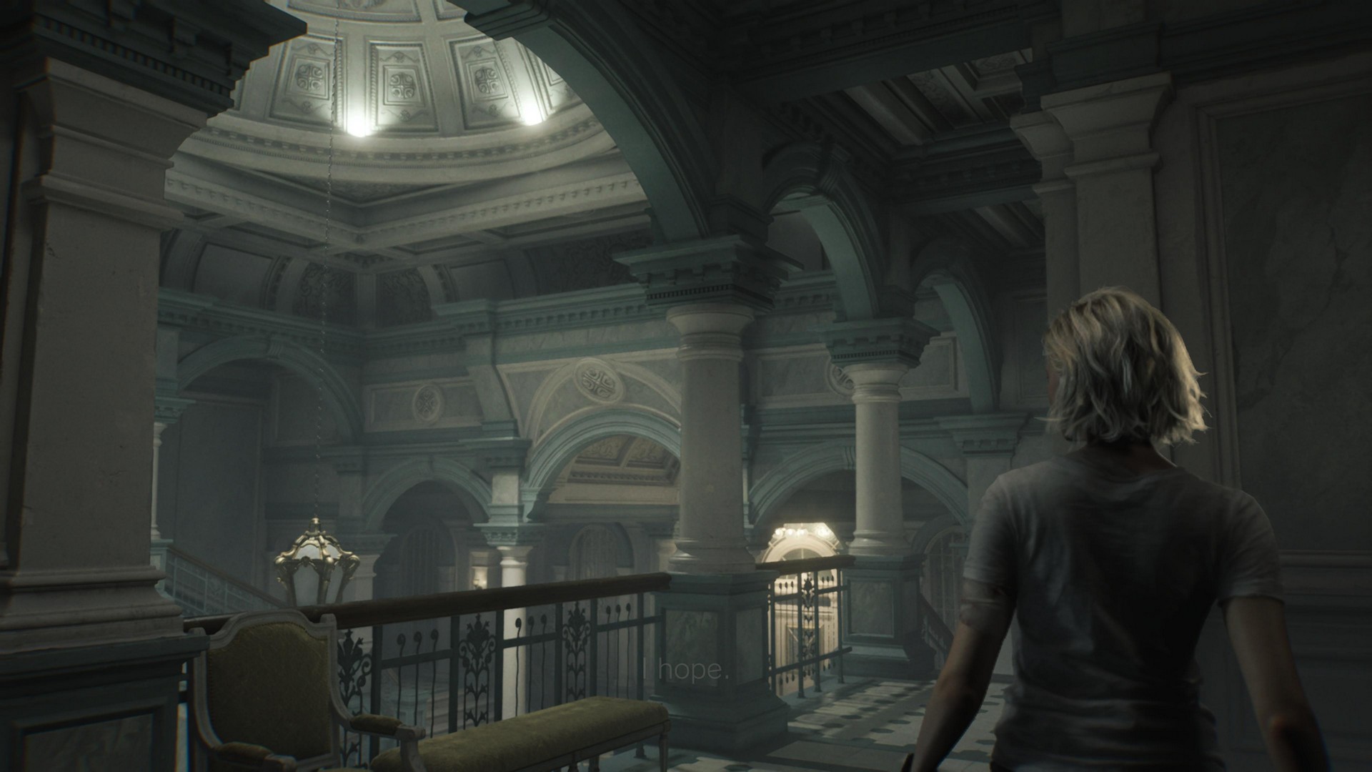 Grace looks out at the care center lobby in Resident Evil Requiem