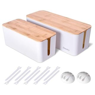 White plastic cable organizer with wooden lid