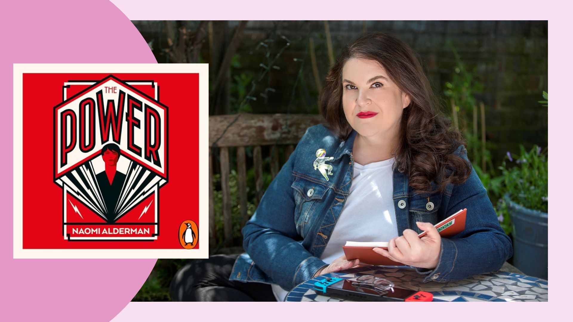 The Power Audiobook cover next to a headshot of Naomi Alderman