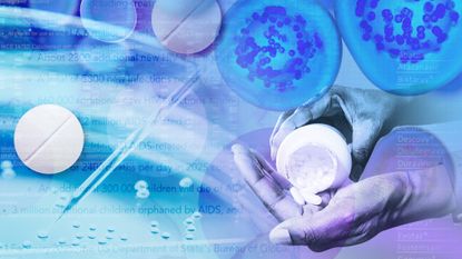 Photo composite illustration of stem cell research, anti-retroviral pills, biological cells and lists of HIV drugs