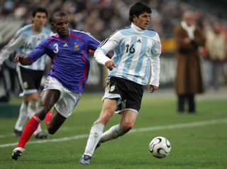 Argentina midfielder Lucho Gonzalez on the ball for France in a friendly in February 2007.