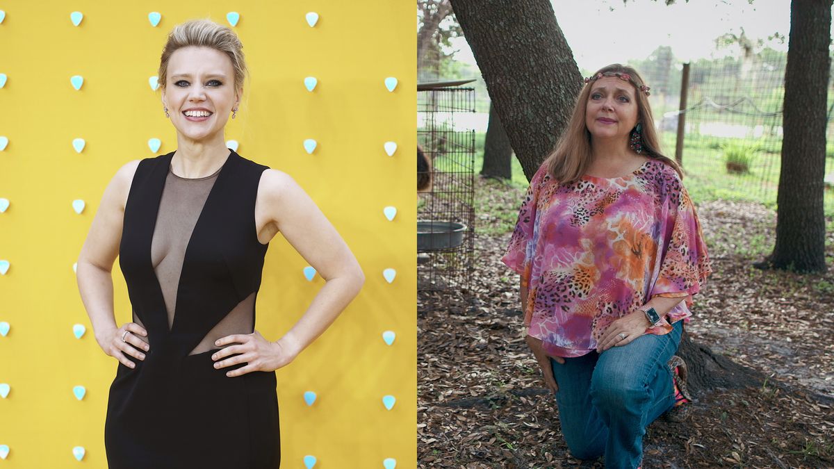 Kate McKinnon, left, will star as Carole Baskin (right) and executive produce &quot;Joe Exotic&quot; on NBC, Peacock and USA. 